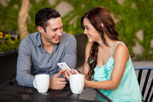 Happy, Smiling, Talking, Couple, Coffee, Cup, Date,
